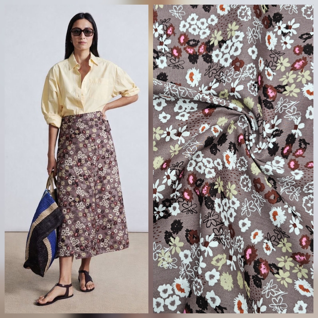 אריג כותנה פרחים בסגנון כפרי על רקע מוקה