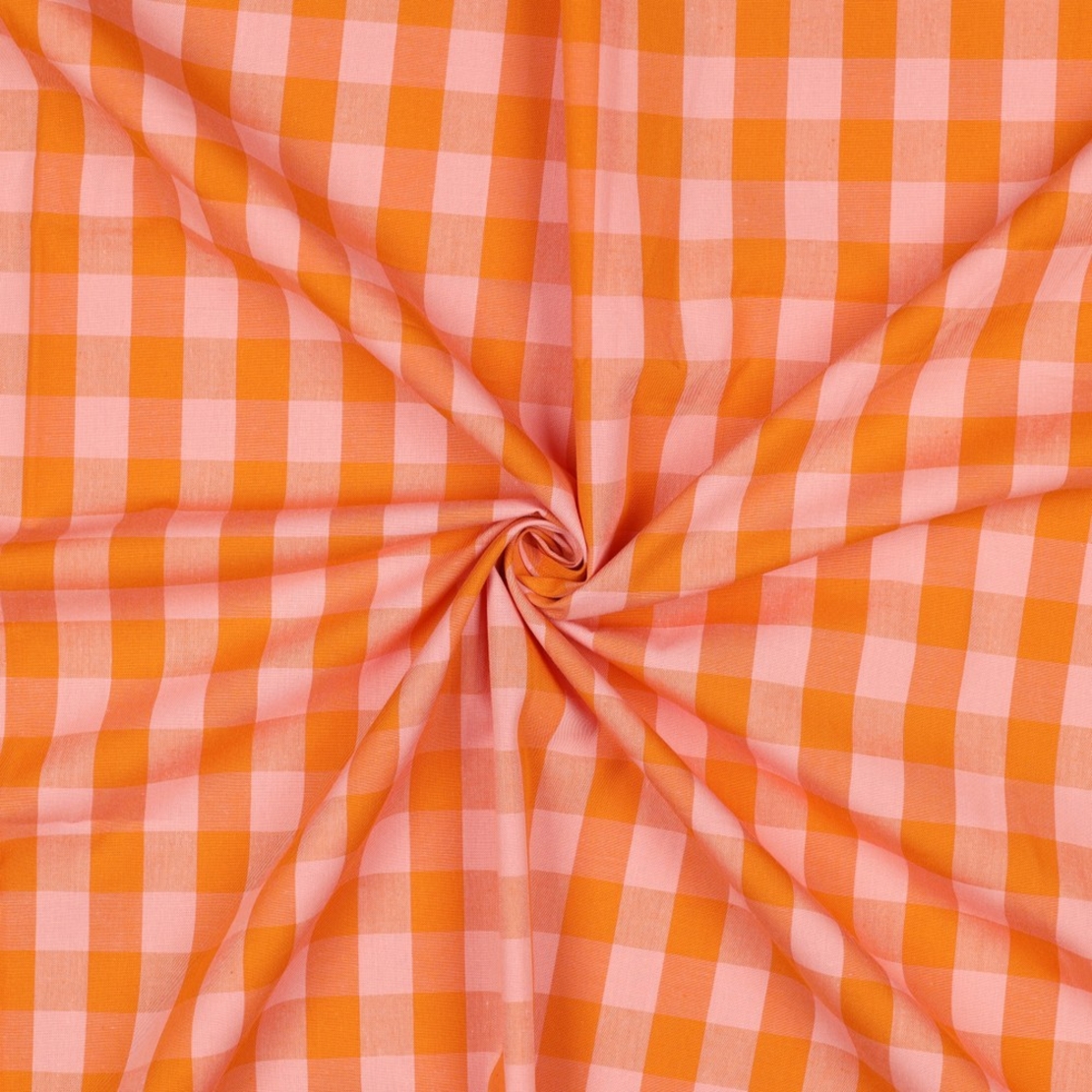 אריג כותנה משבצות גווני כתום וסלמון