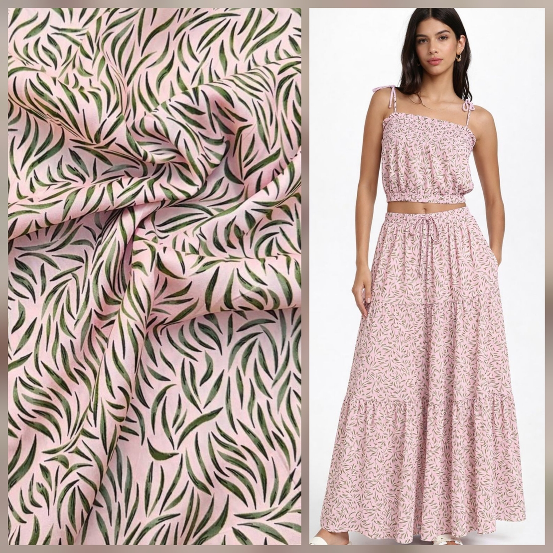 אריג ויסקוזה דפוס עלעלים מאורכים על רקע ורוד בלט