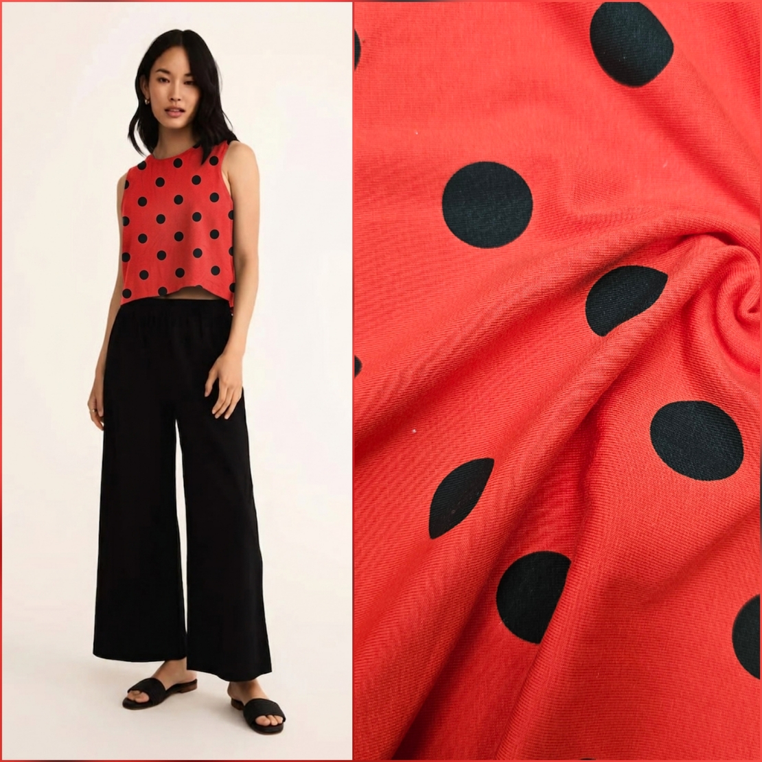 טריקו כותנה דפוס נקודות על רקע אדום