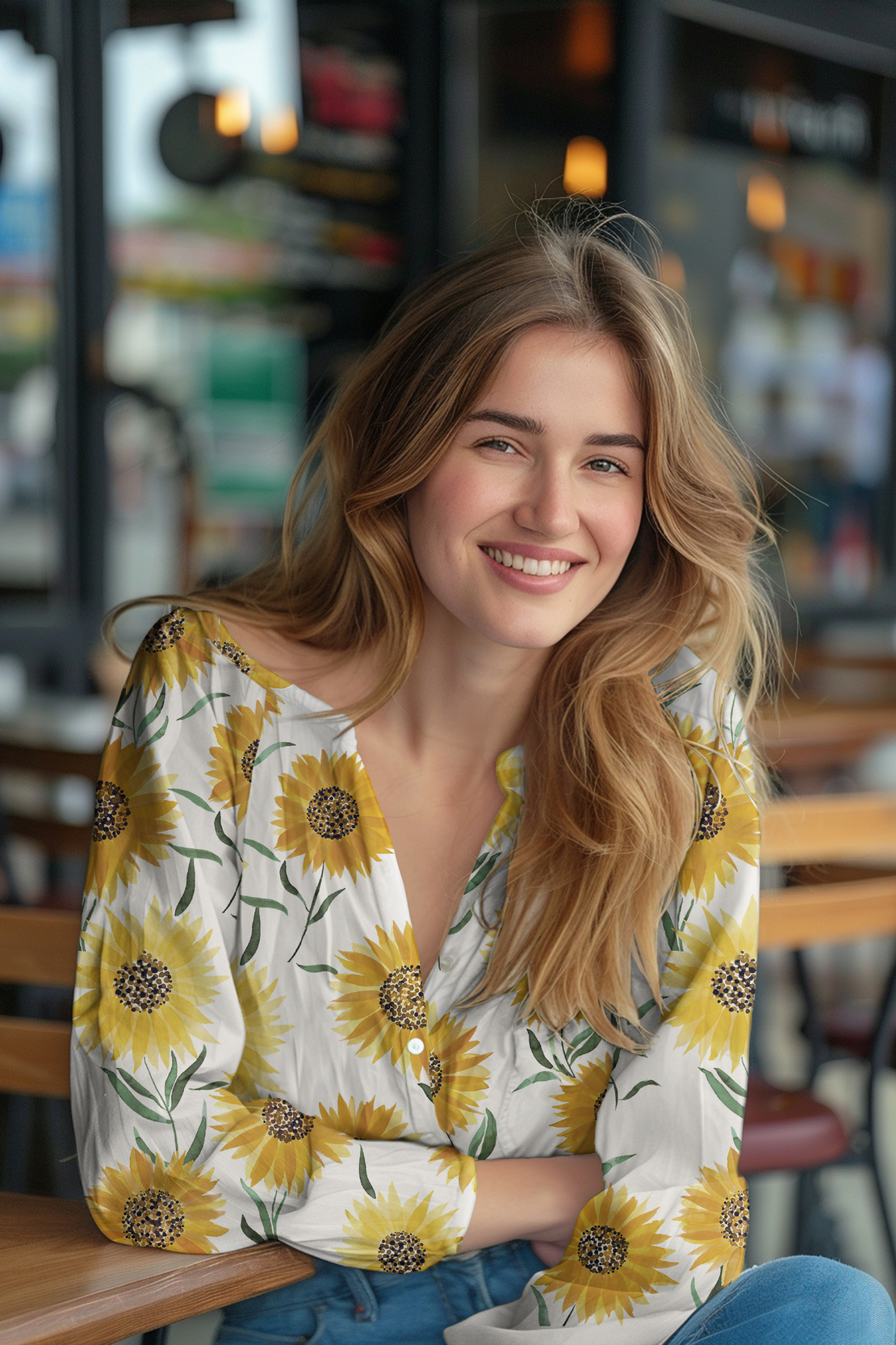 אריג כותנה דפוס פרחי חמניות על רקע לבן