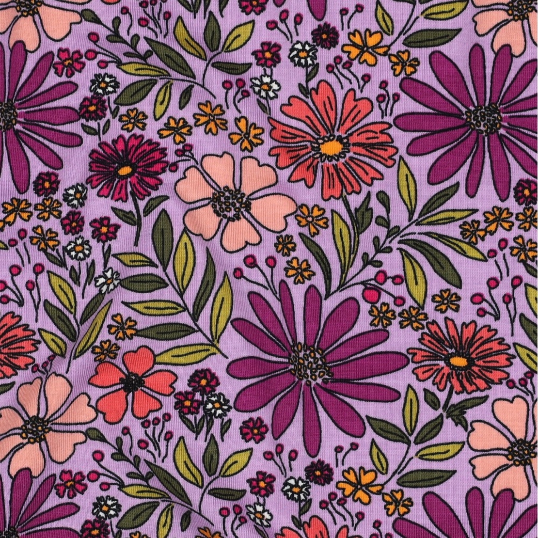 טריקו כותנה דפוס פרחים קסומים על רקע לבנדר