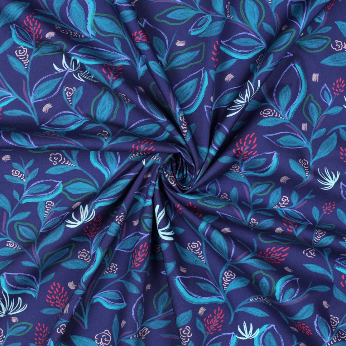 אריג כותנה דפוס עלים דיגיטלי על רקע קובלט