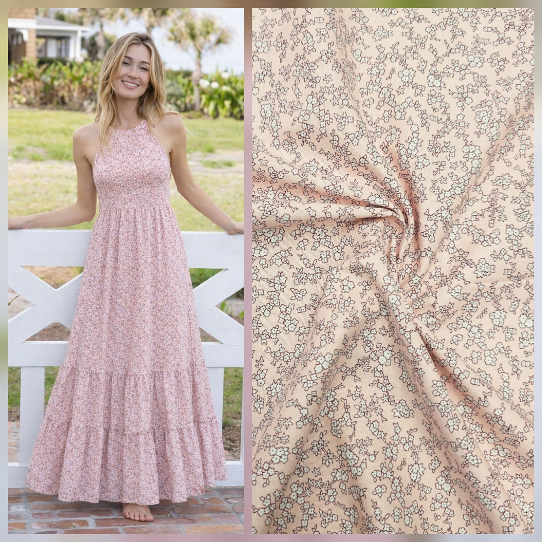 אריג כותנה דפוס פרחים קטנים על רקע פודרה דגם בר