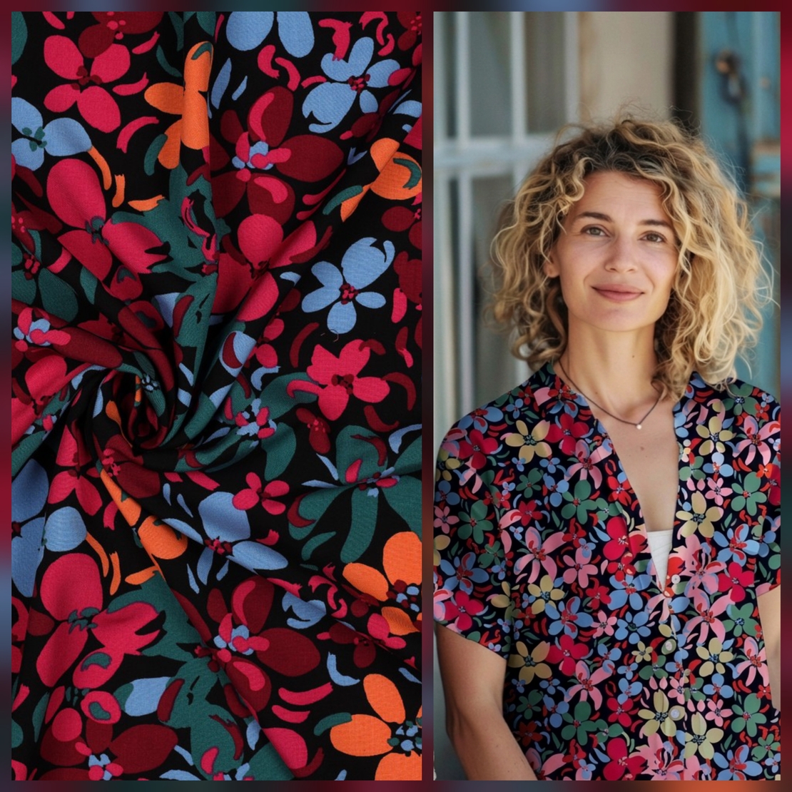 אריג ויסקוזה דפוס פריחה מרהיבה על רקע שחור