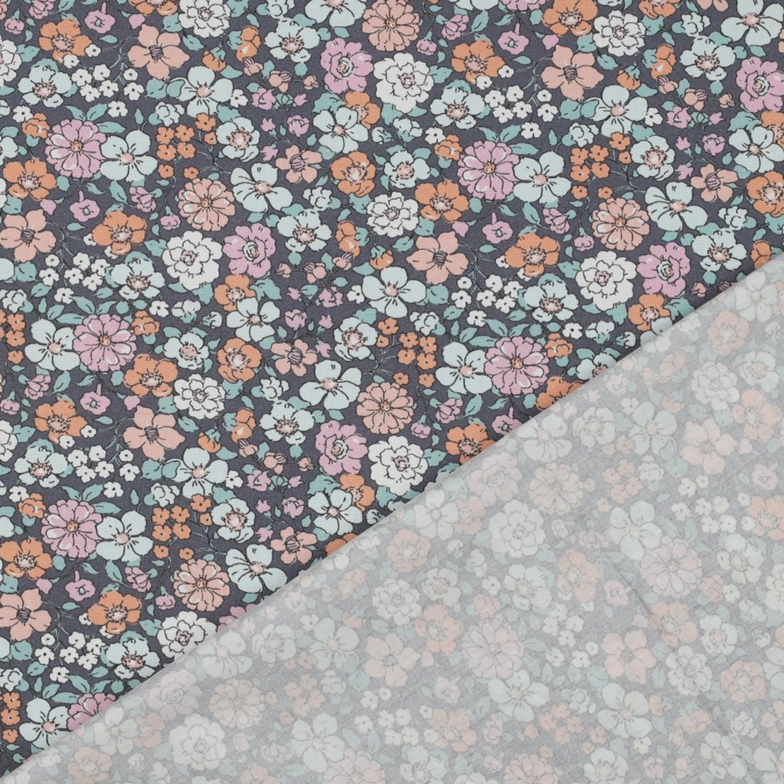 אריג כותנה אורגני דפוס פרחי שדה על רקע כחול מעושן