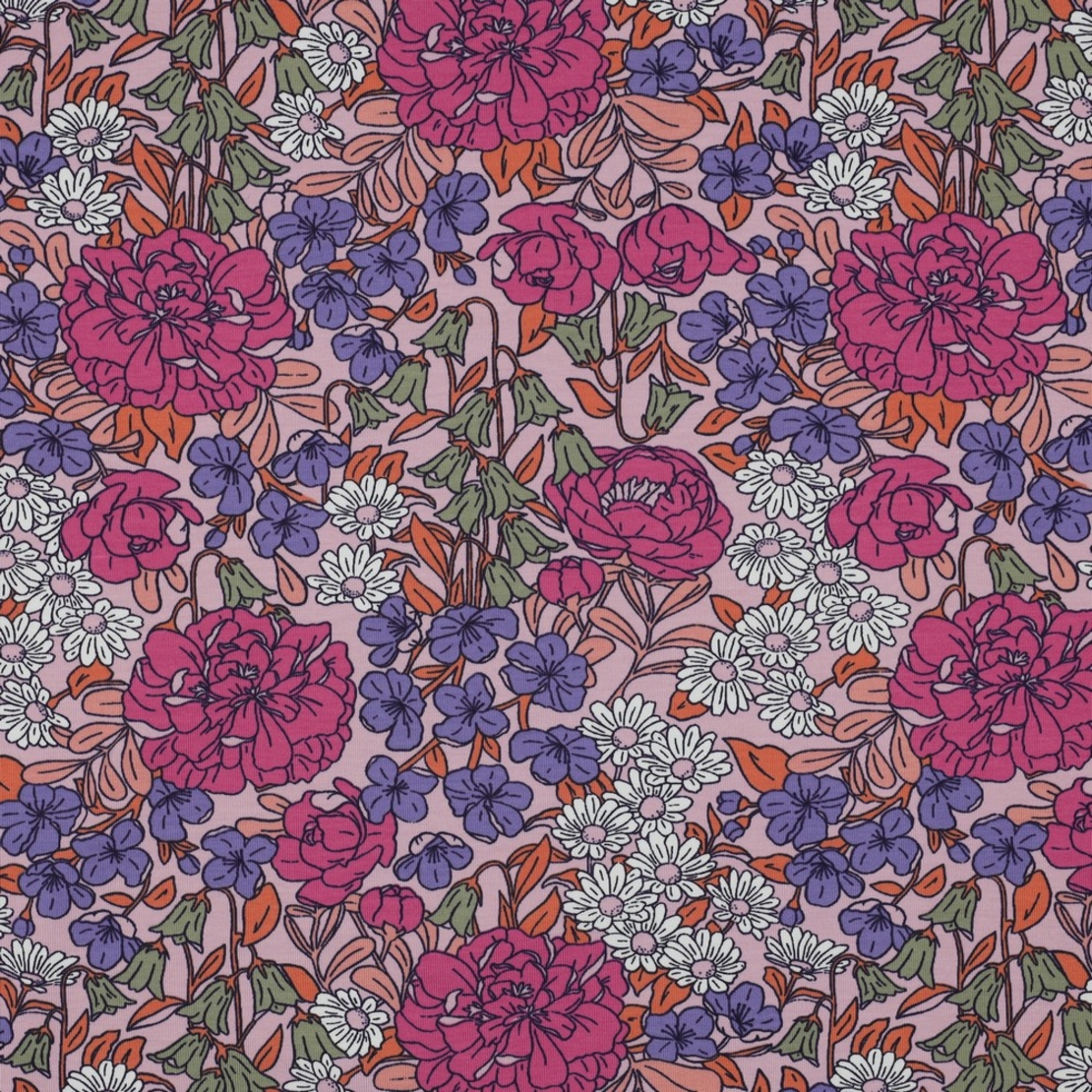 טריקו כותנה דפוס חגיגת הפרחים על רקע ורוד