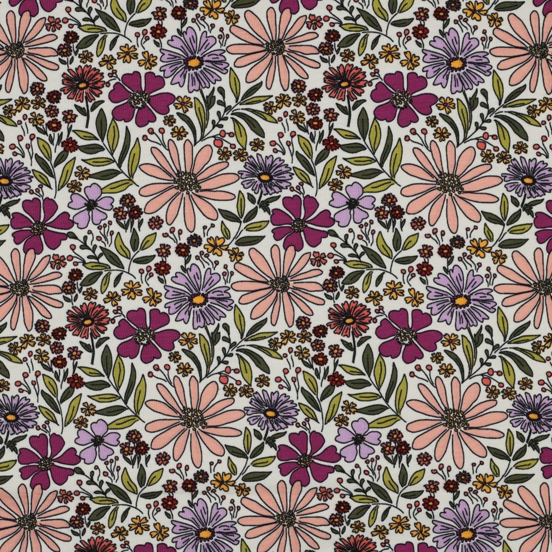 טריקו כותנה דפוס פרחים קסומים על רקע אופוייט