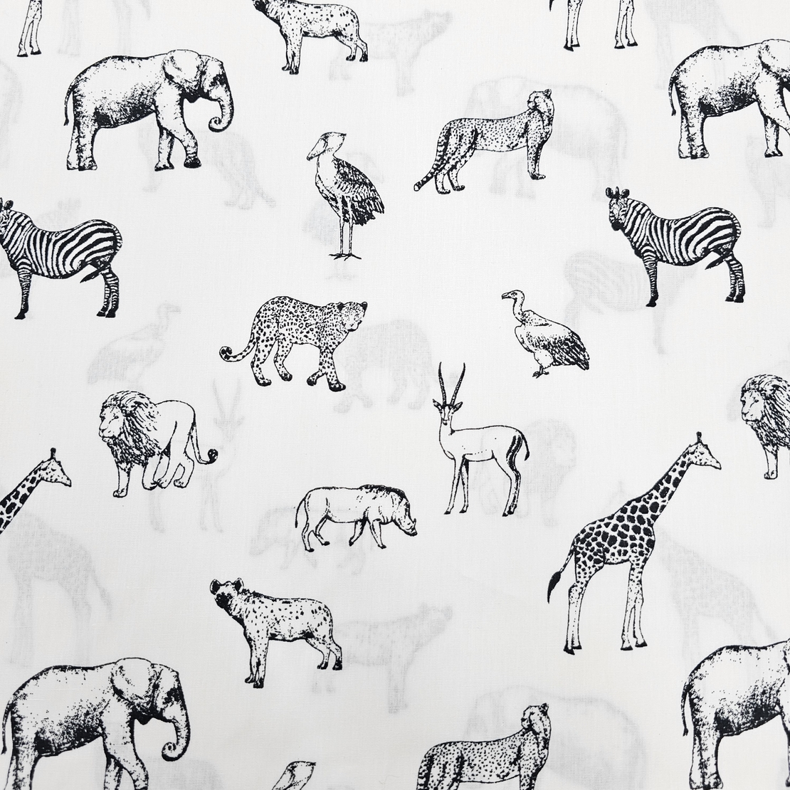 אריג כותנה דפוס חיות הג'ונגל בשחור לבן
