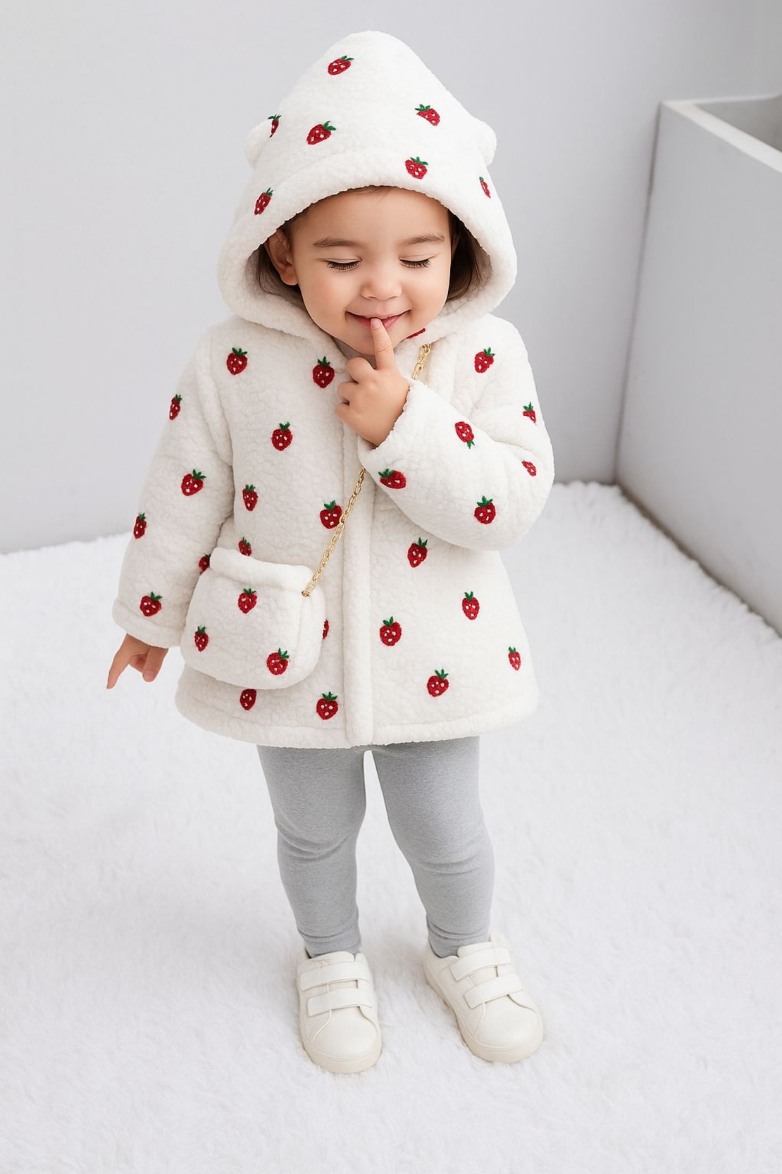 בוקלה טדי רקמת תותים על רקע לבן