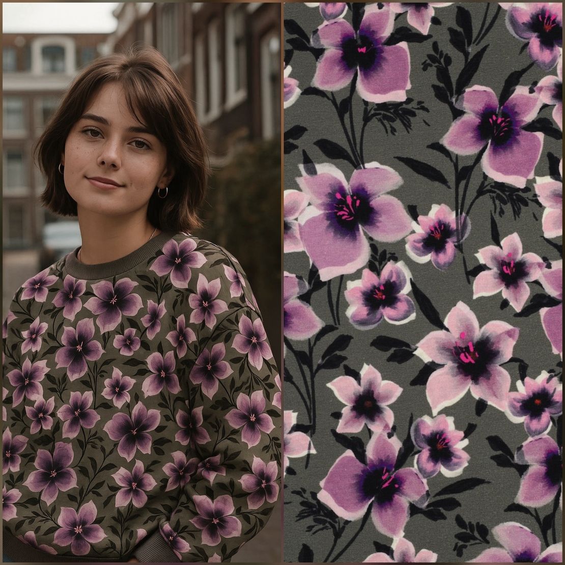 פרנץ טרי דפוס פרחים דיגיטלי סגולים על רקע ירוק יער