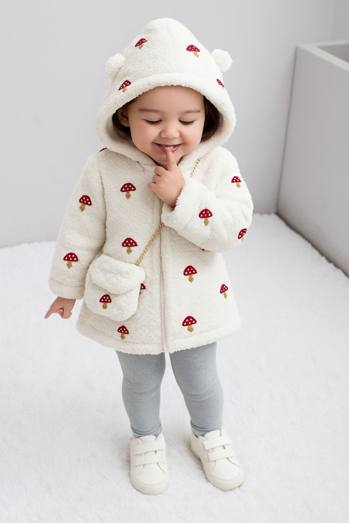 בוקלה טדי רקמת פטריות על רקע לבן חם