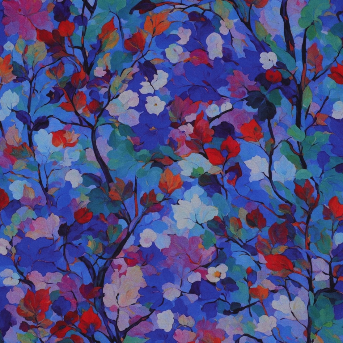 אריג ויסקוזה דפוס פרחים דיגיטלי על רקע קובלט