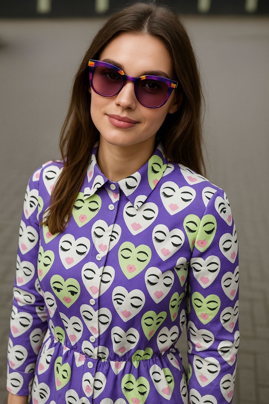 אריג כותנה דפוס לבבות שמחים על רקע סגול