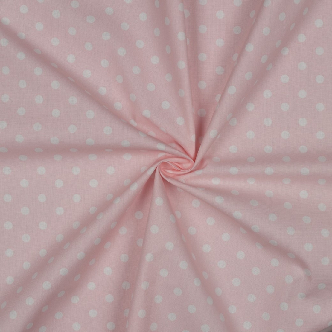 אריג כותנה נקודות לבן על רקע ורוד בייבי