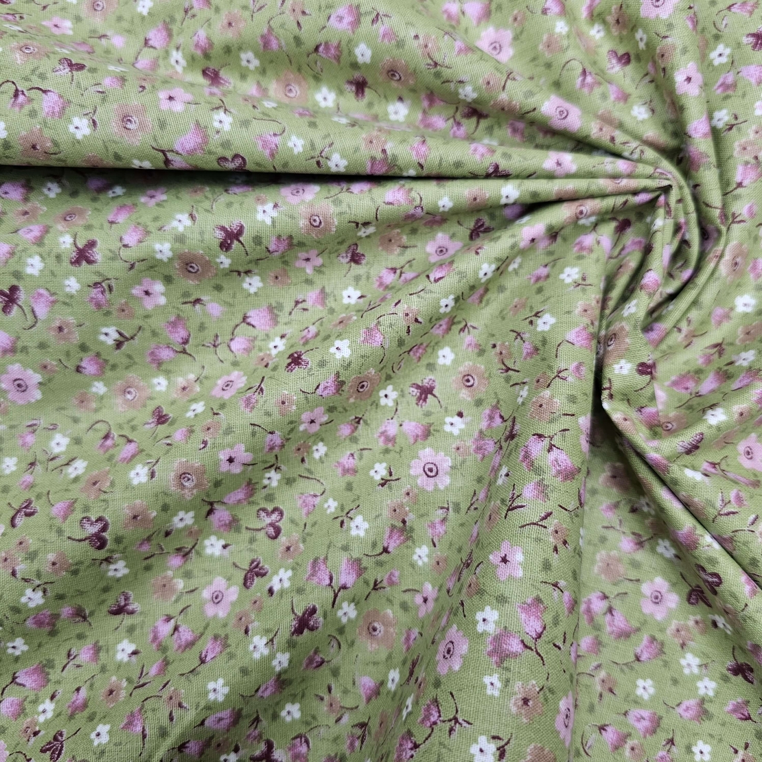 אריג כותנה דפוס פרחי פעמונית קטנים על רקע פיסטוק