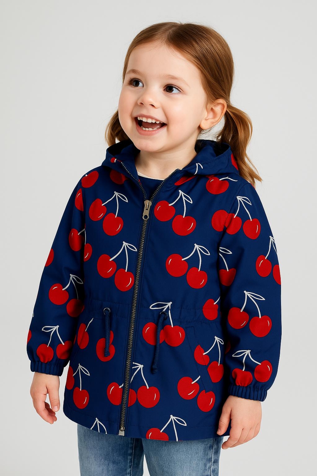 אריג כותנה עמיד במיים דפוס דובדבנים על רקע כחול כהה