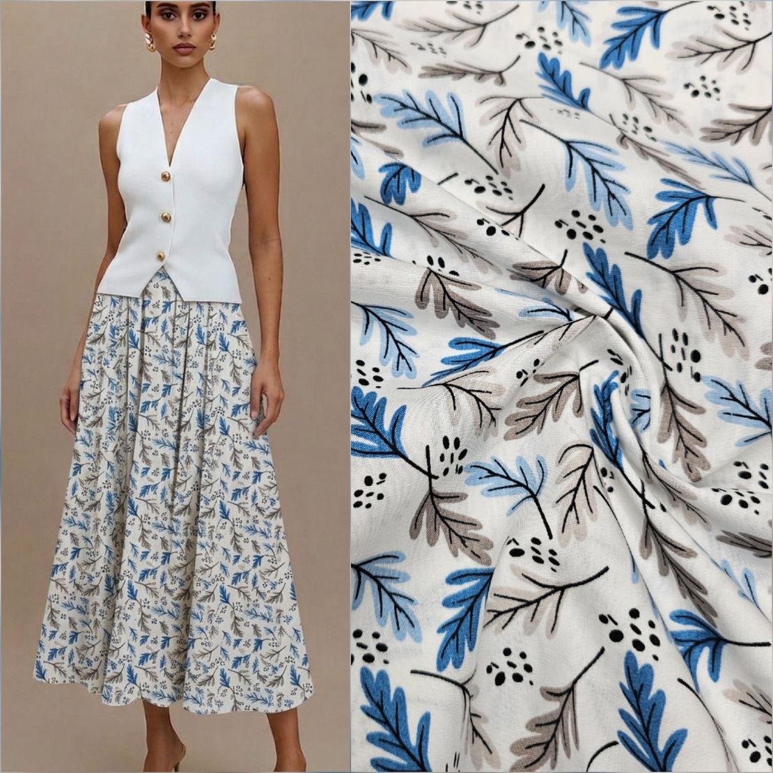 אריג כותנה דפוס עלעלים גווני כחול