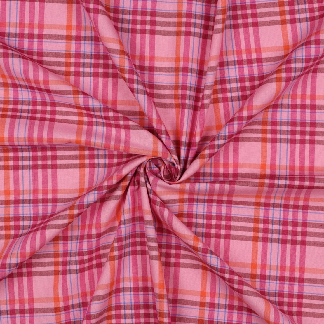 אריג כותנה דפוס משבצות על רקע ורוד