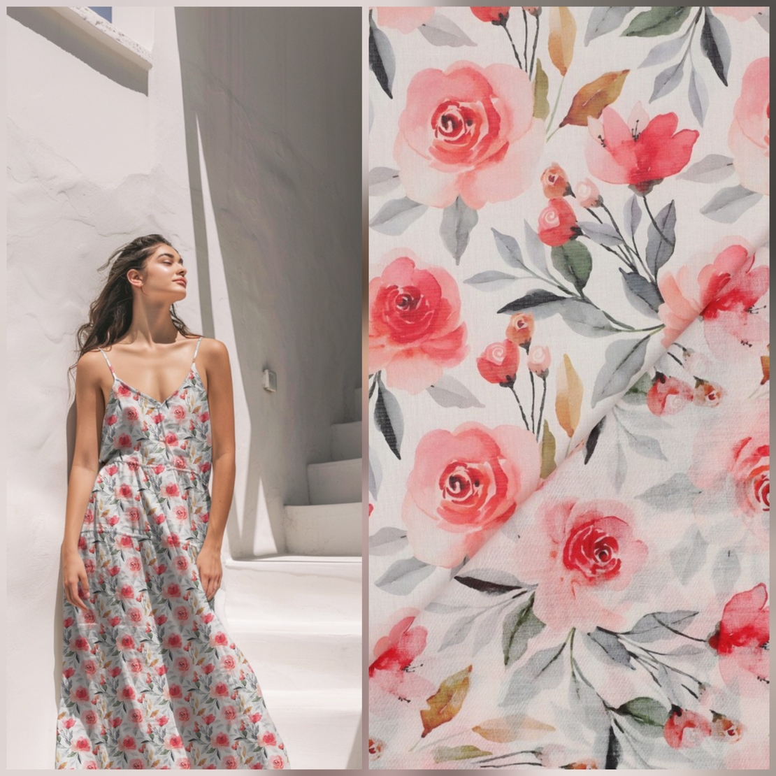 אריג כותנה וואל דפוס שושנים רקע לבן