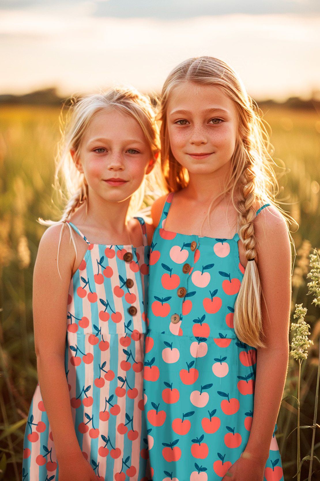 אריג כותנה דפוס פירות על רקע פטרול בהיר