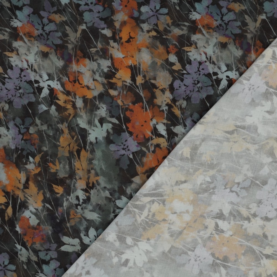 אריג ויסקוזה סטן דפוס פרחים דיגיטלי דגם בוטניקה רקע אפור