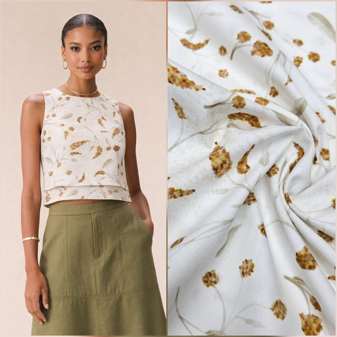 אריג כותנה דפוס פריחת סתיו עדינה