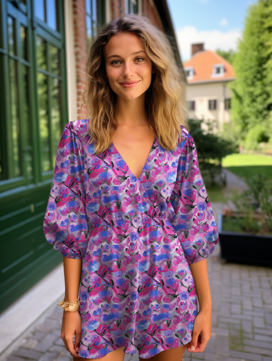 אריג ויסקוזה דפוס פנטזיה בורוד וכחול