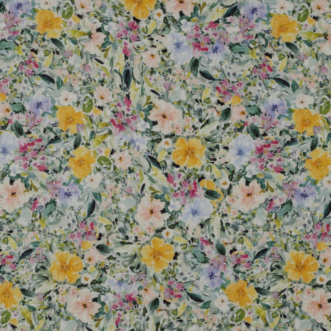 אריג פשתן ויסקוזה מכובס דפוס פרחים מצויירים דיגיטלי