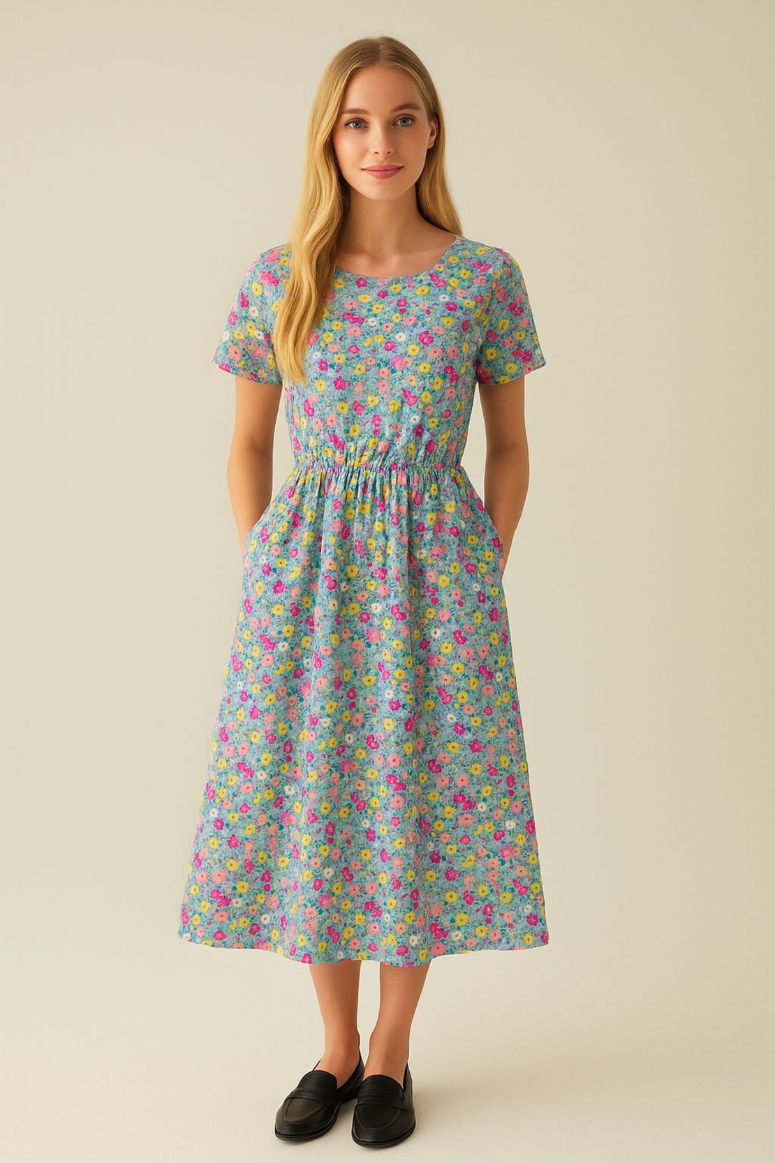 אריג כותנה דפוס פרחים שמחים על רקע טורקיז