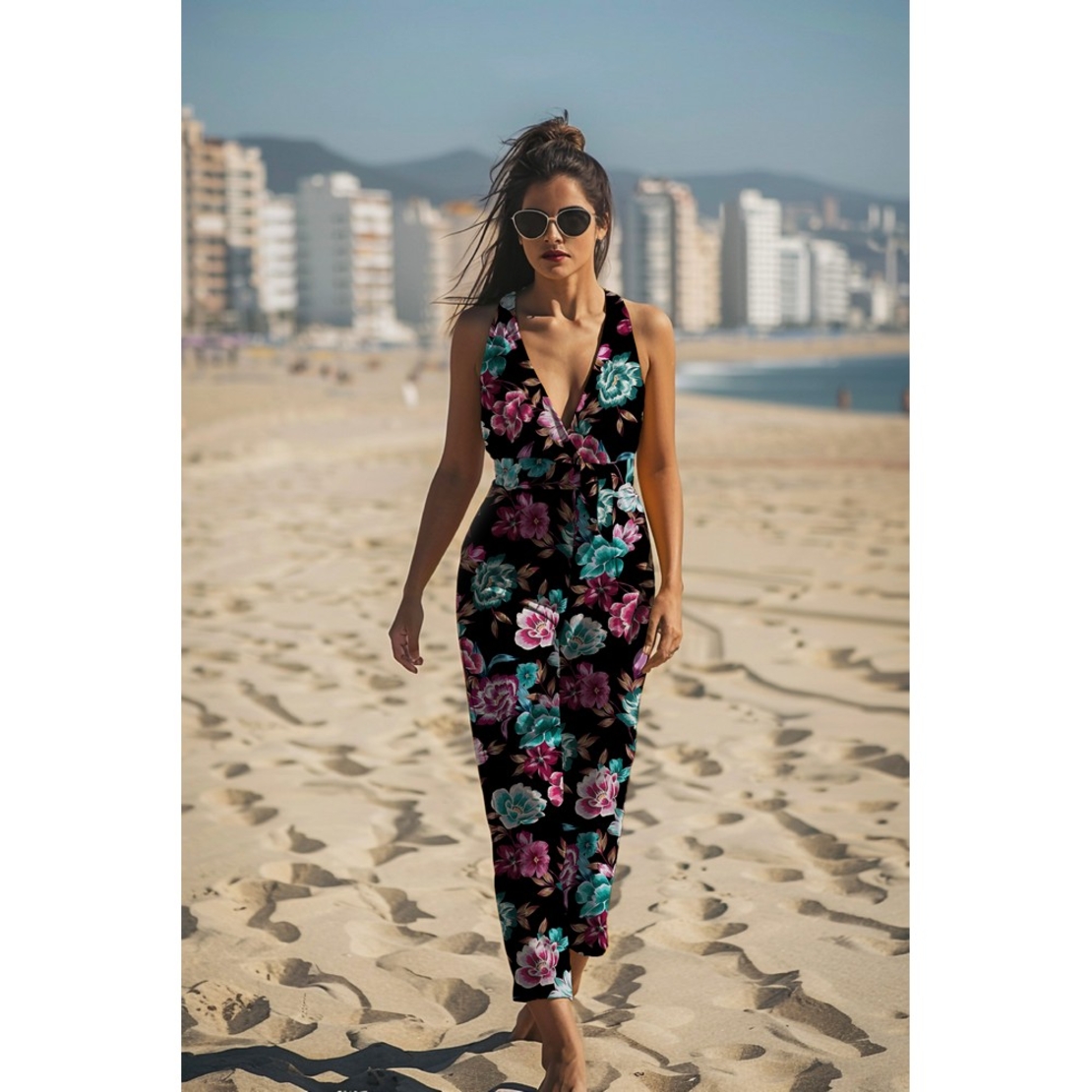 אריג ויסקוזה לייקרה דפוס פרחים דיגיטלי על רקע שחור