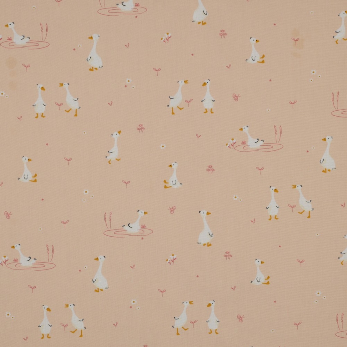 אריג כותנה דפוס אווזים על רקע פודרה