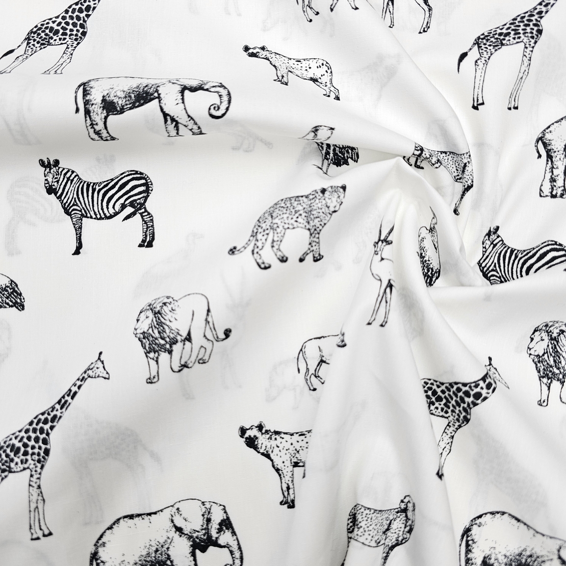 אריג כותנה דפוס חיות הג'ונגל בשחור לבן
