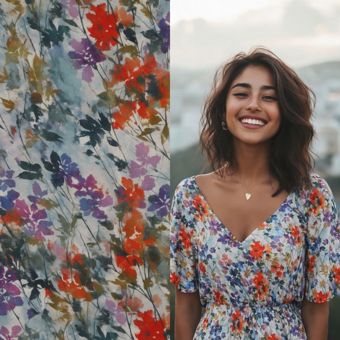 אריג ויסקוזה סטן דפוס פרחים דיגיטלי דגם בוטניקה רקע לבן