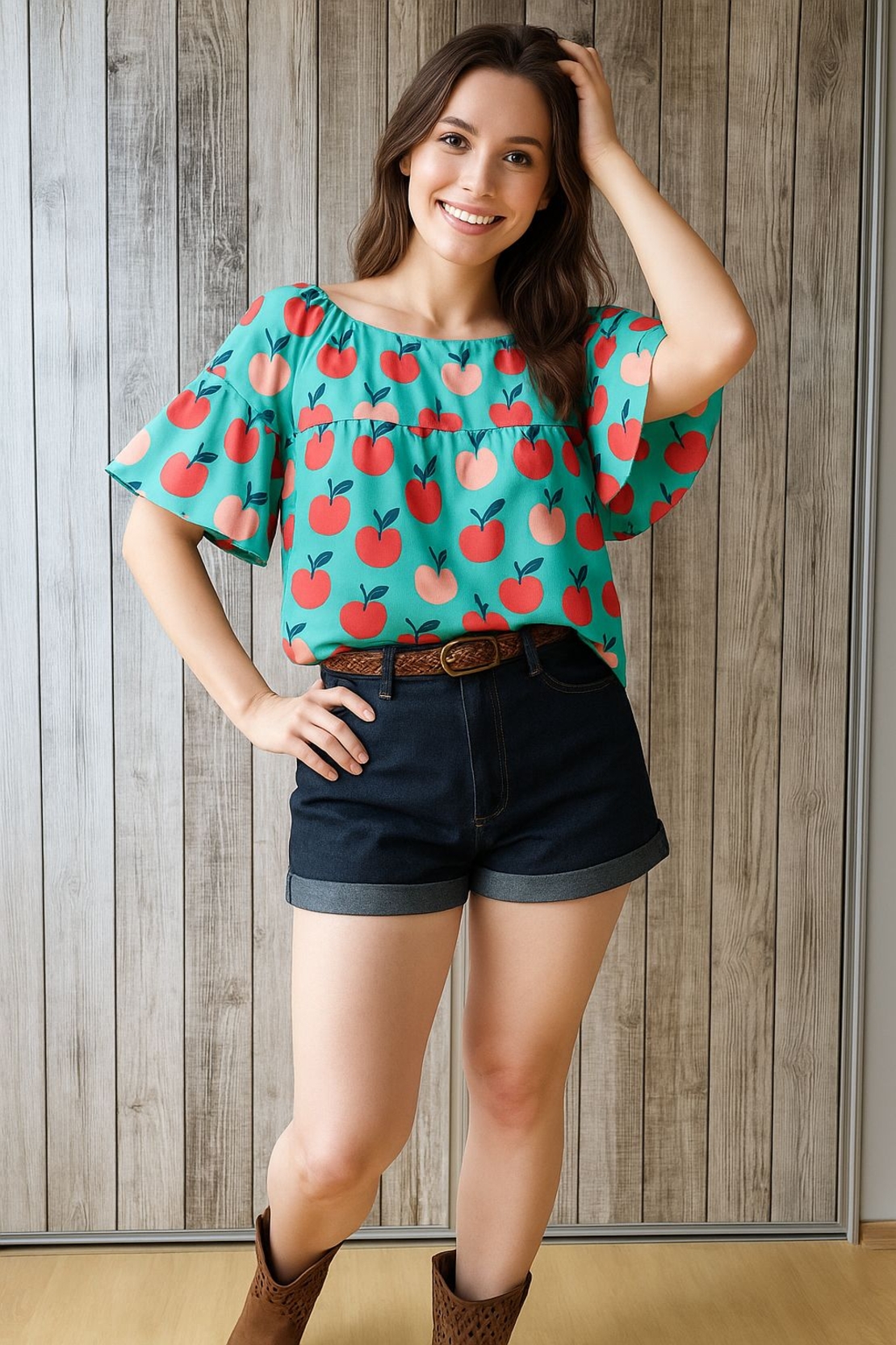 אריג כותנה דפוס פירות על רקע פטרול בהיר