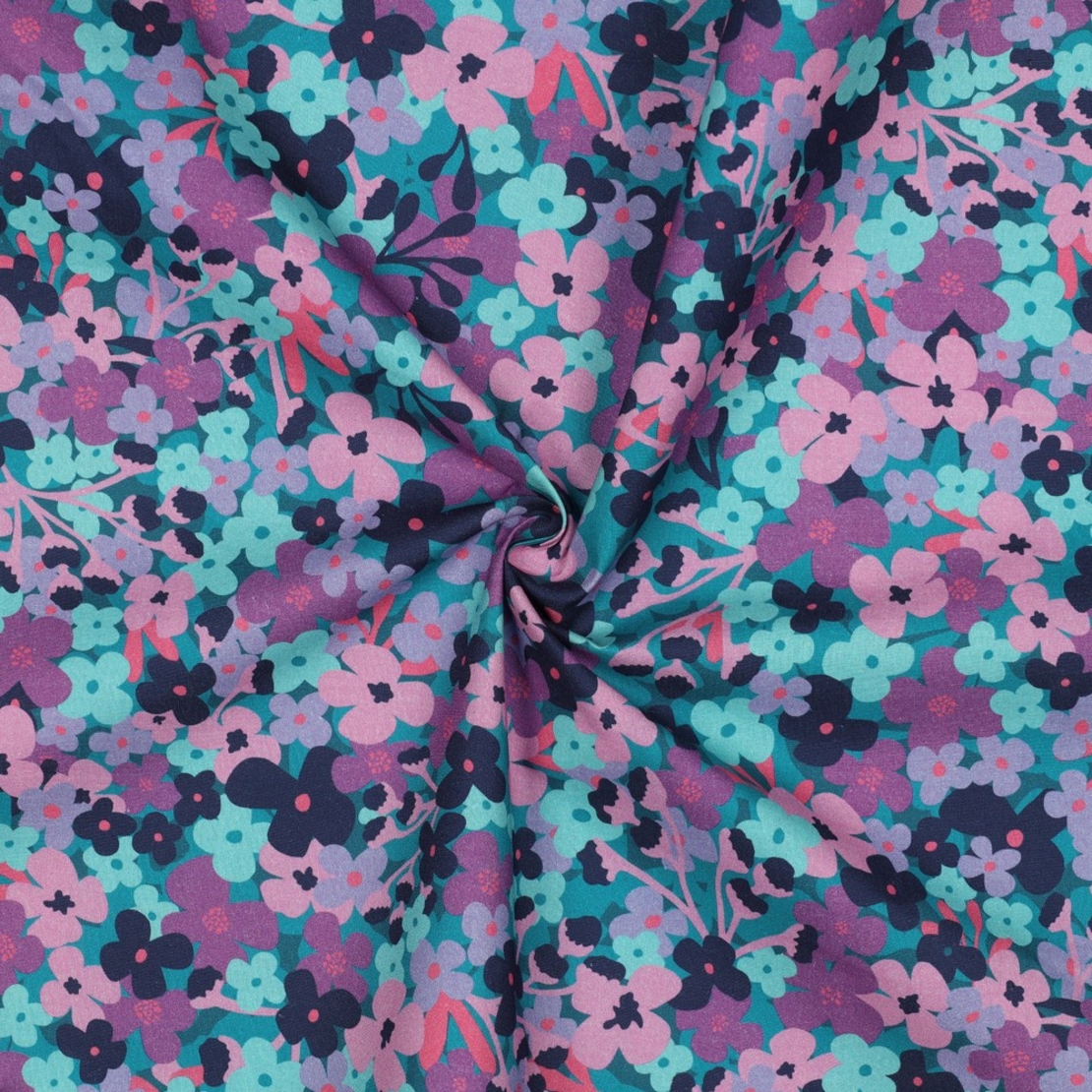 אריג כותנה עמיד במים דפוס פרחים גווני סגול פטרול ומנטה