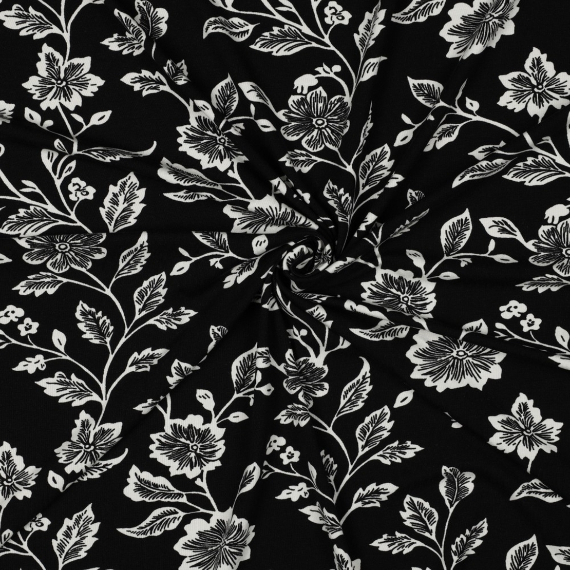 טריקו ויסקוזה פרחים מצויירים על רקע שחור