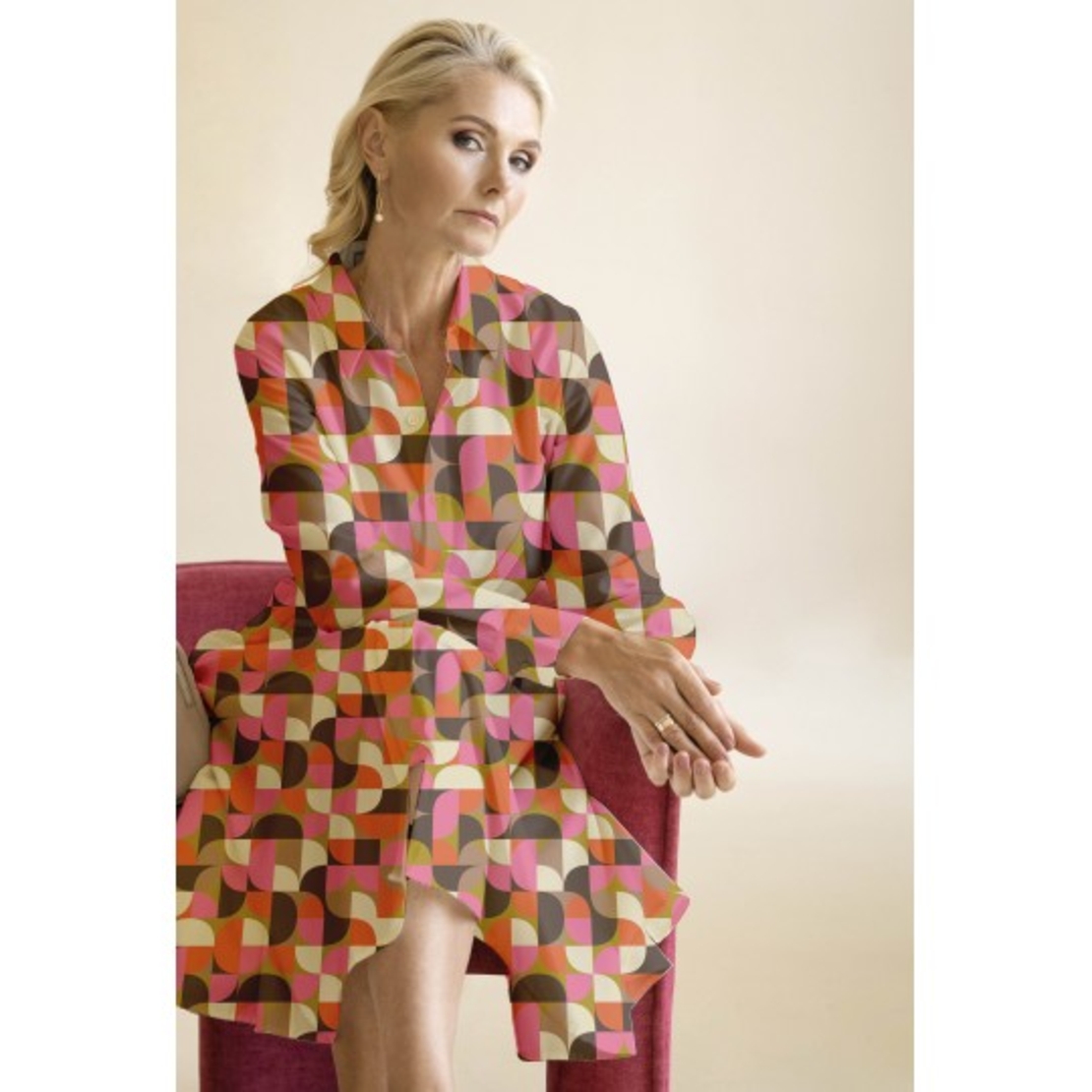 אריג ויסקוזה דפוס גאומטרי גווני ורוד בז חום דגם שרה