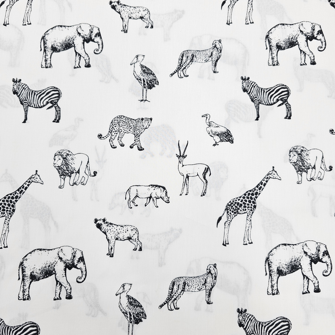 אריג כותנה דפוס חיות הג'ונגל בשחור לבן