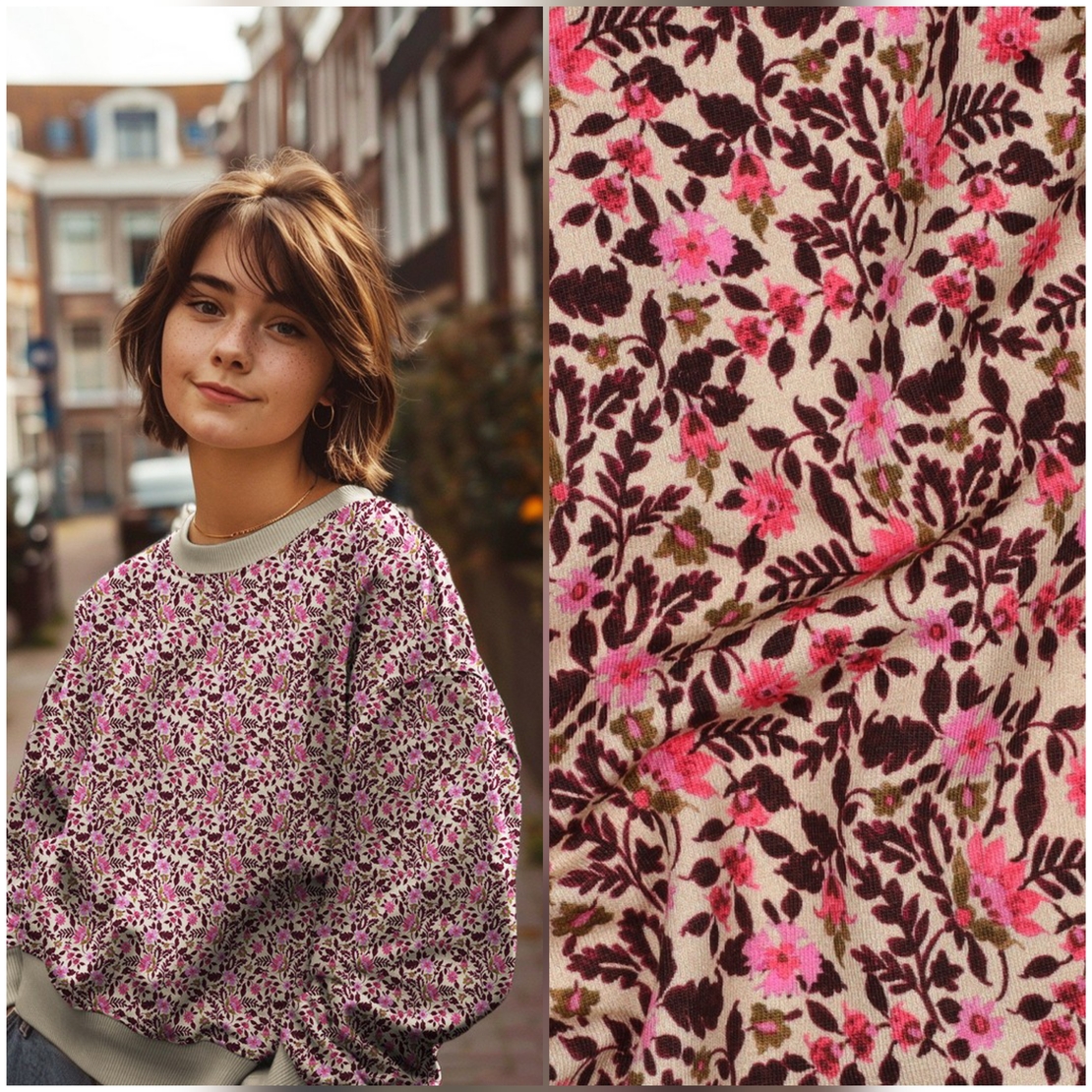 פרנץ טרי דפוס פרחים עדינים סגלגלים ורדרדים על רקע בז