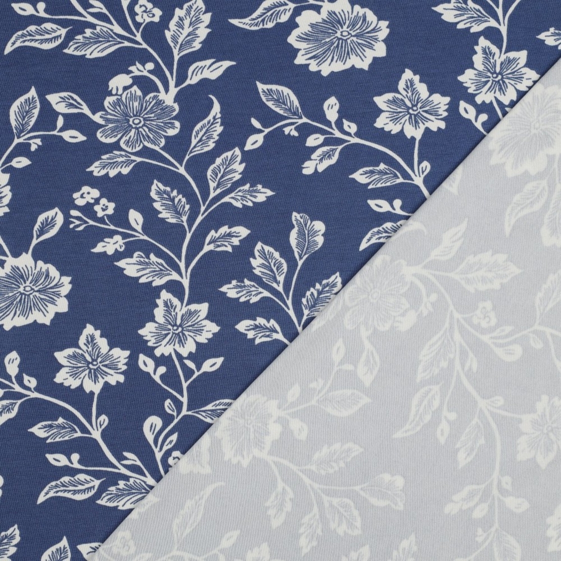 טריקו ויסקוזה דפוס פרחים מצויירים על רקע כחול