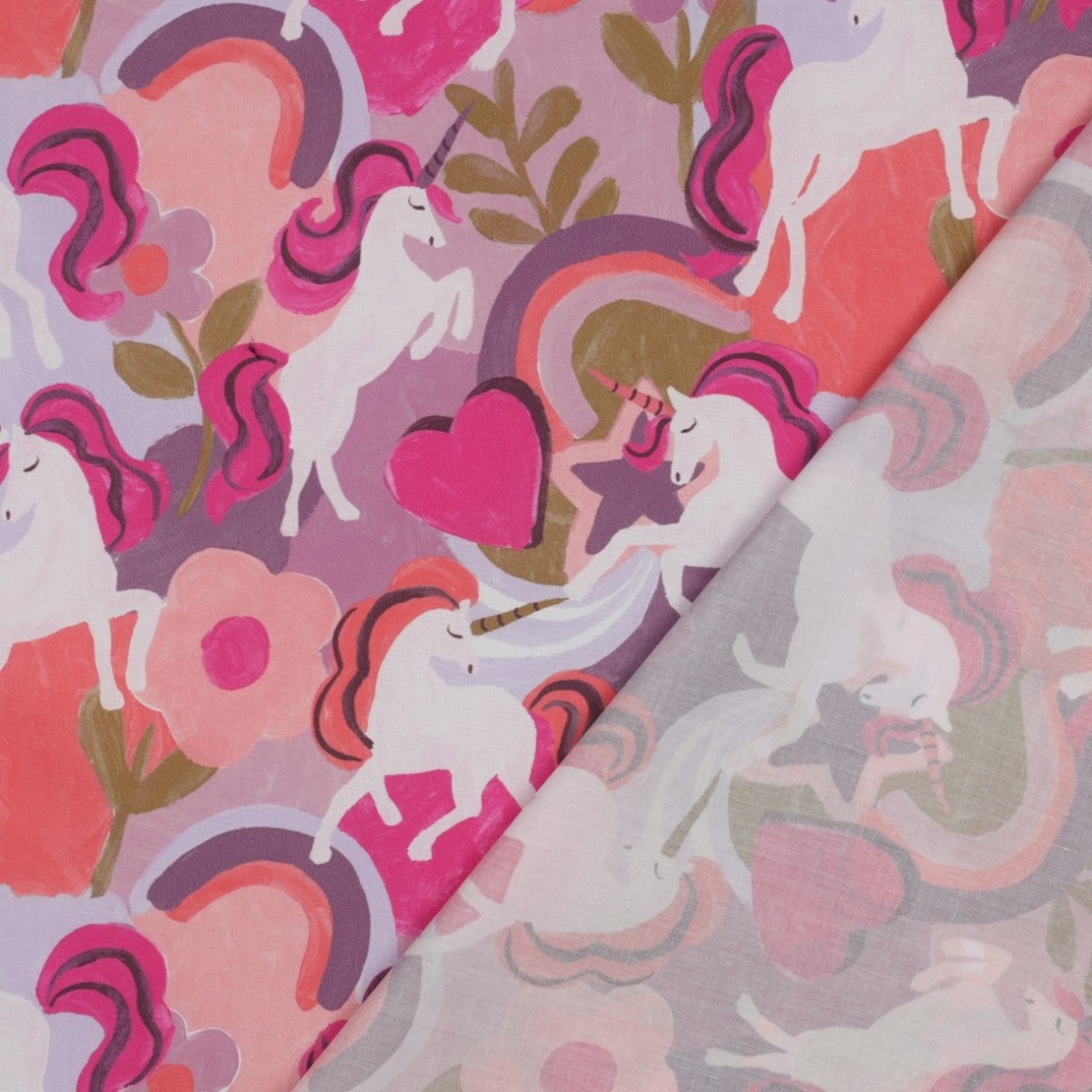 אריג כותנה דפוס דיגיטלי חד קרן בגווני ורוד