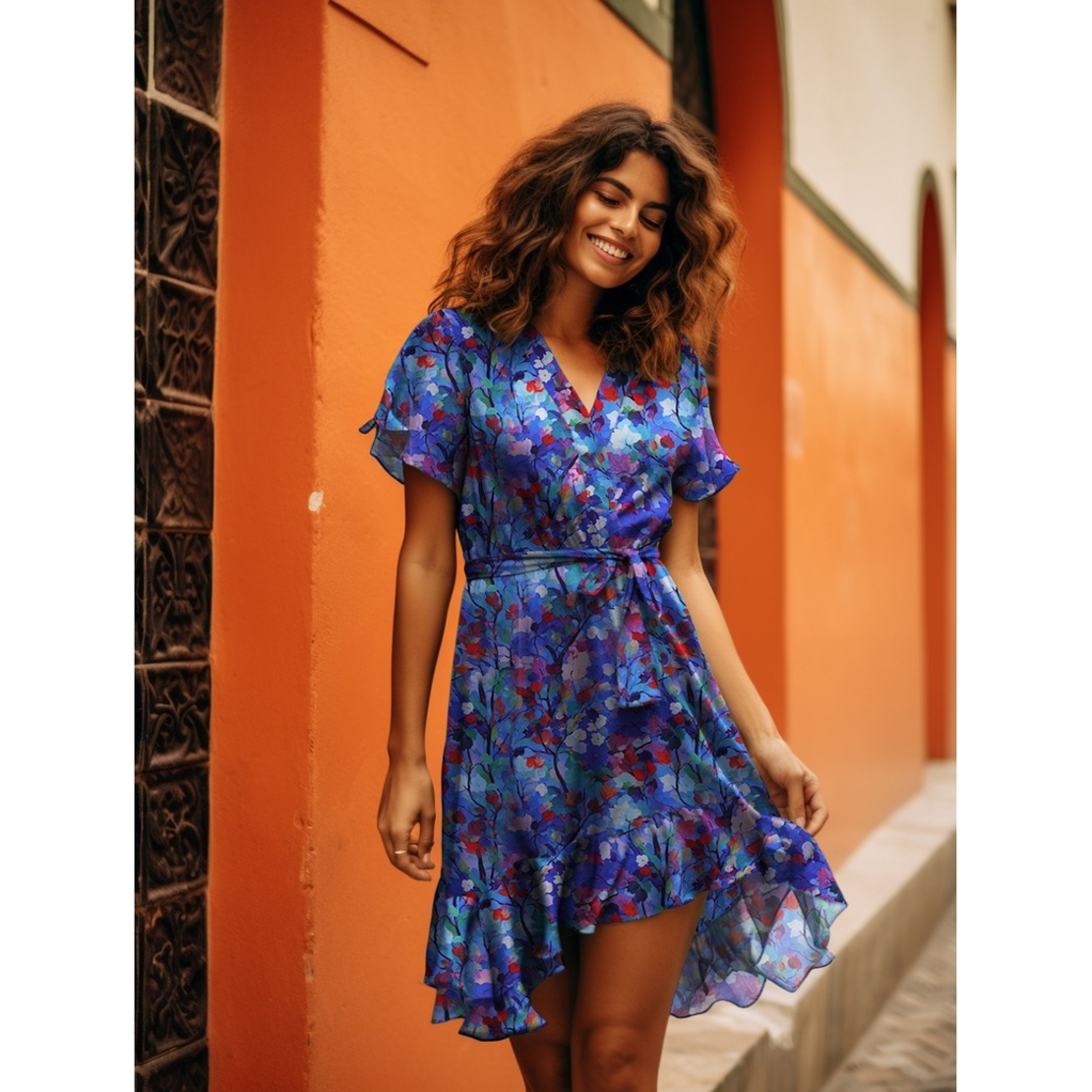 אריג ויסקוזה דפוס פרחים דיגיטלי על רקע קובלט