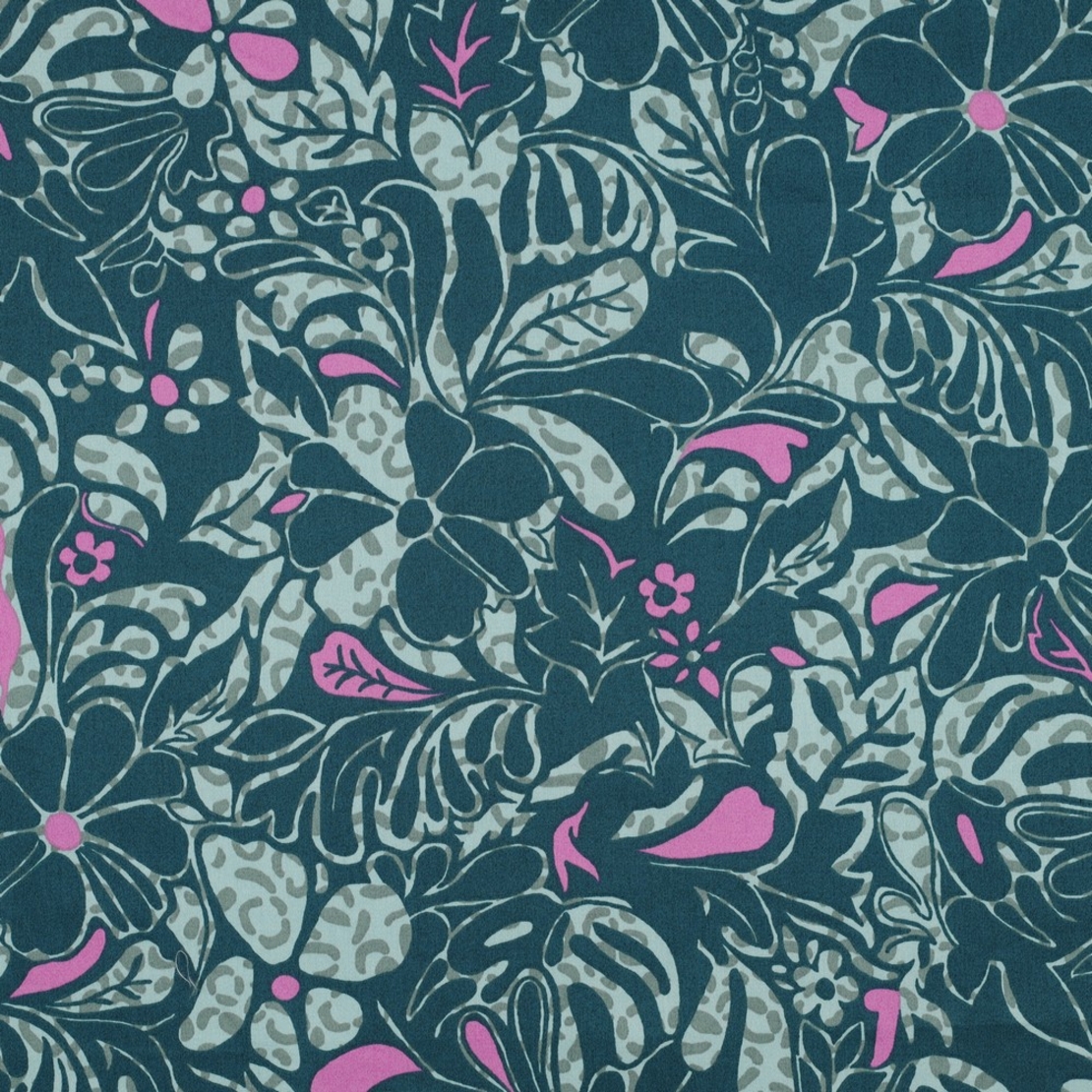 אריג כותנה סטן דפוס עלים טרופיים על רקע ירוק