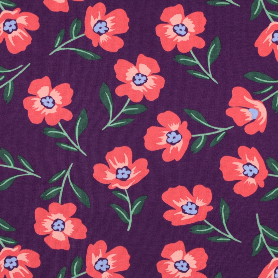 בד פוטר פרחים מלבלבים על רקע סגול