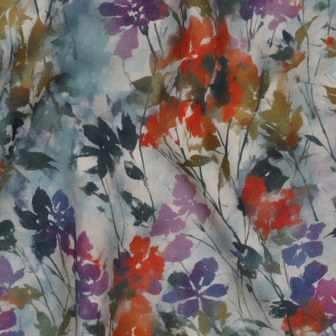 אריג ויסקוזה סטן דפוס פרחים דיגיטלי דגם בוטניקה רקע לבן