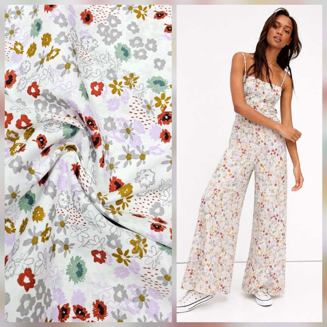 אריג כותנה פרחים בסגנון כפרי על רקע לבן דגם מאי