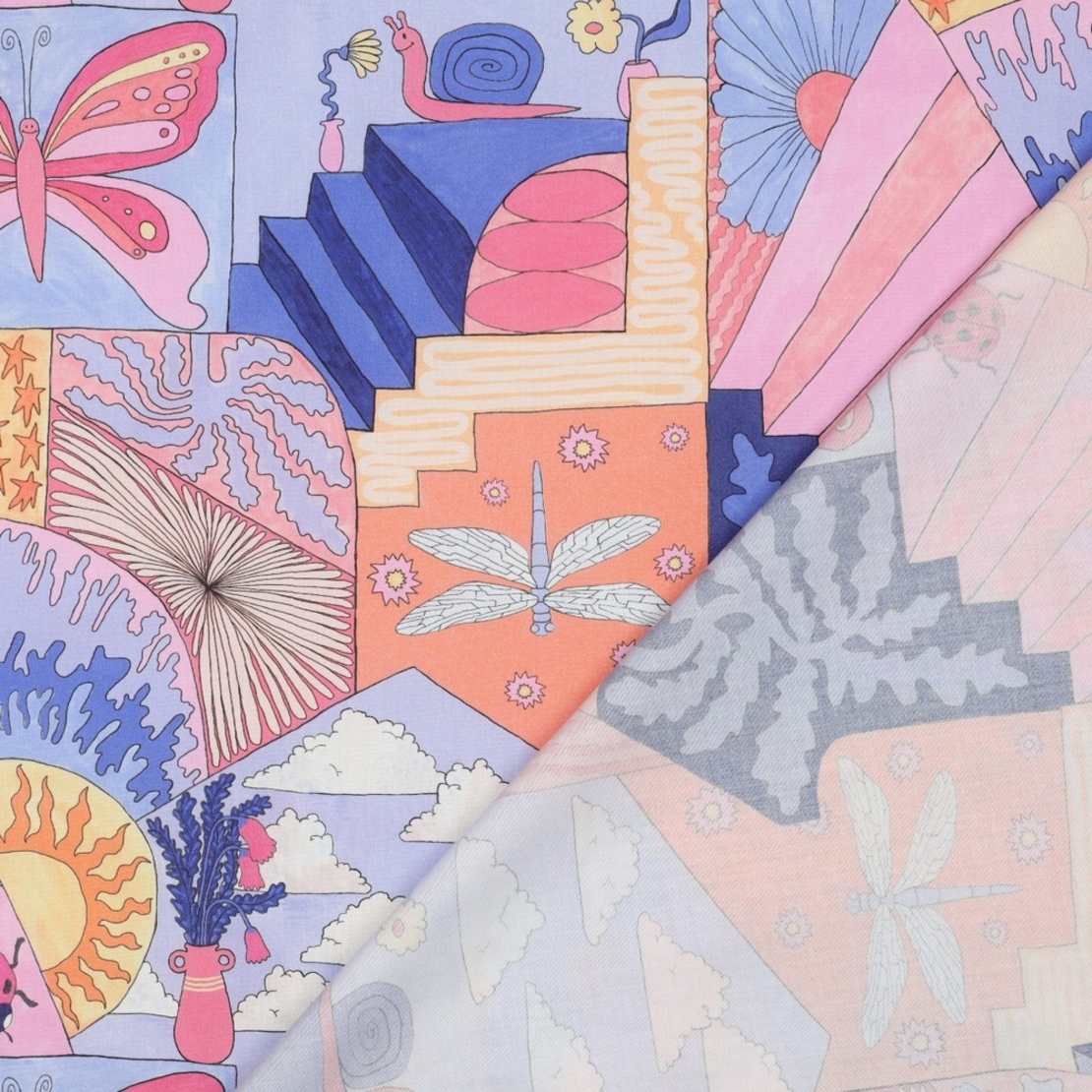 אריג כותנה דפוס דיגיטלי פרפרים וחיפושיות בגווני פסטל