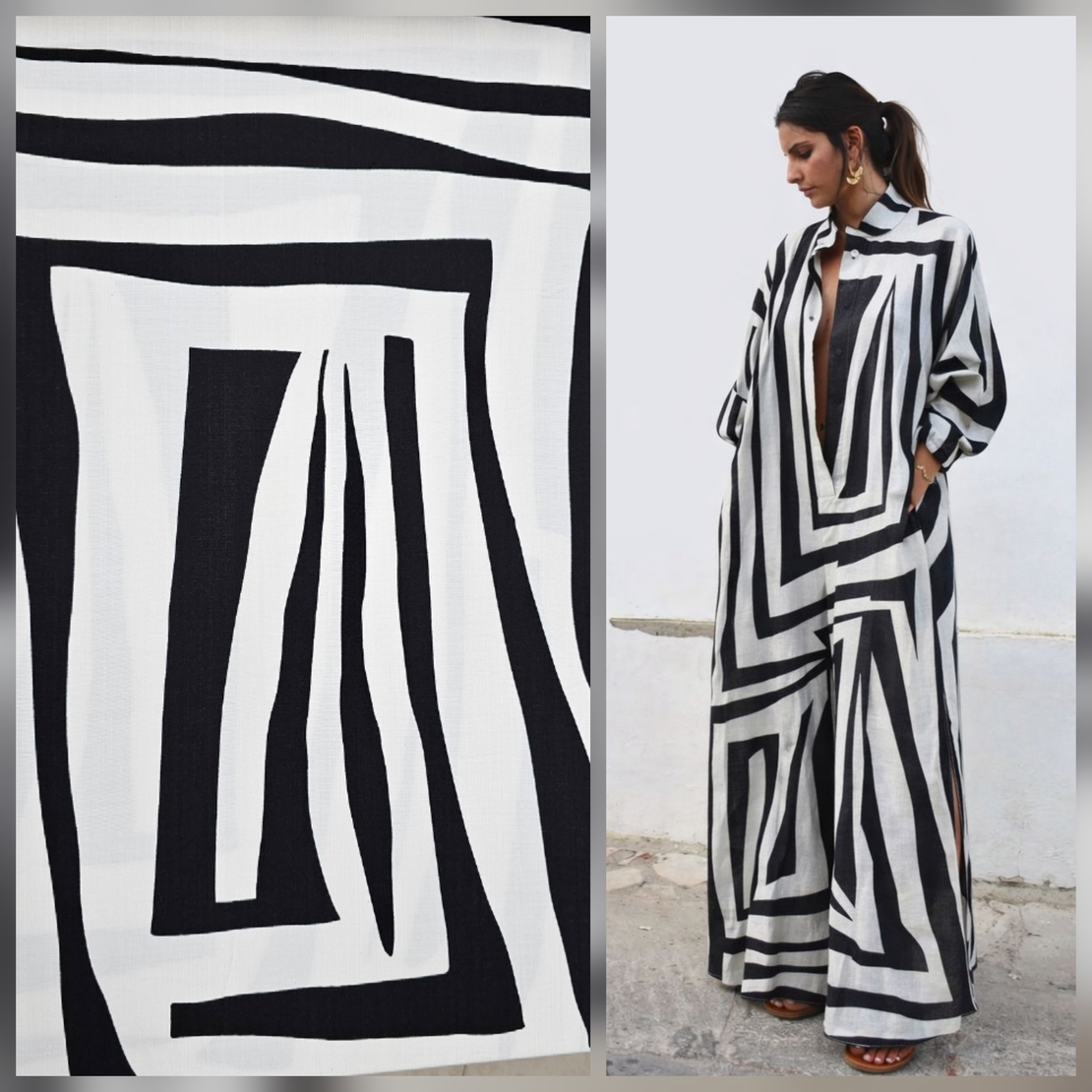 אריג פשתן ויסקוזה דפוס אמורפי בגווני שחור לבן