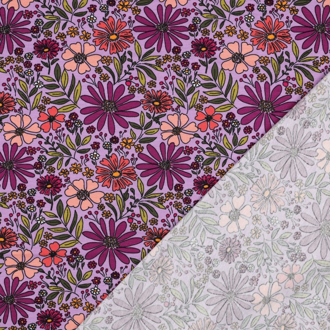 טריקו כותנה דפוס פרחים קסומים על רקע לבנדר